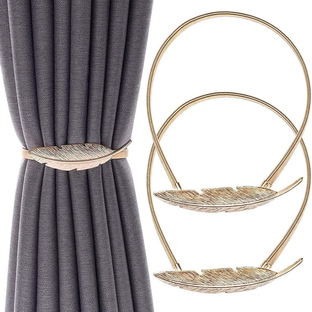 HASTHIP Curtain Tiebacks for Home and Office with 35cm Elastic Alloy Strap featuring Snap Buckle | Gold Feather Decor Pair