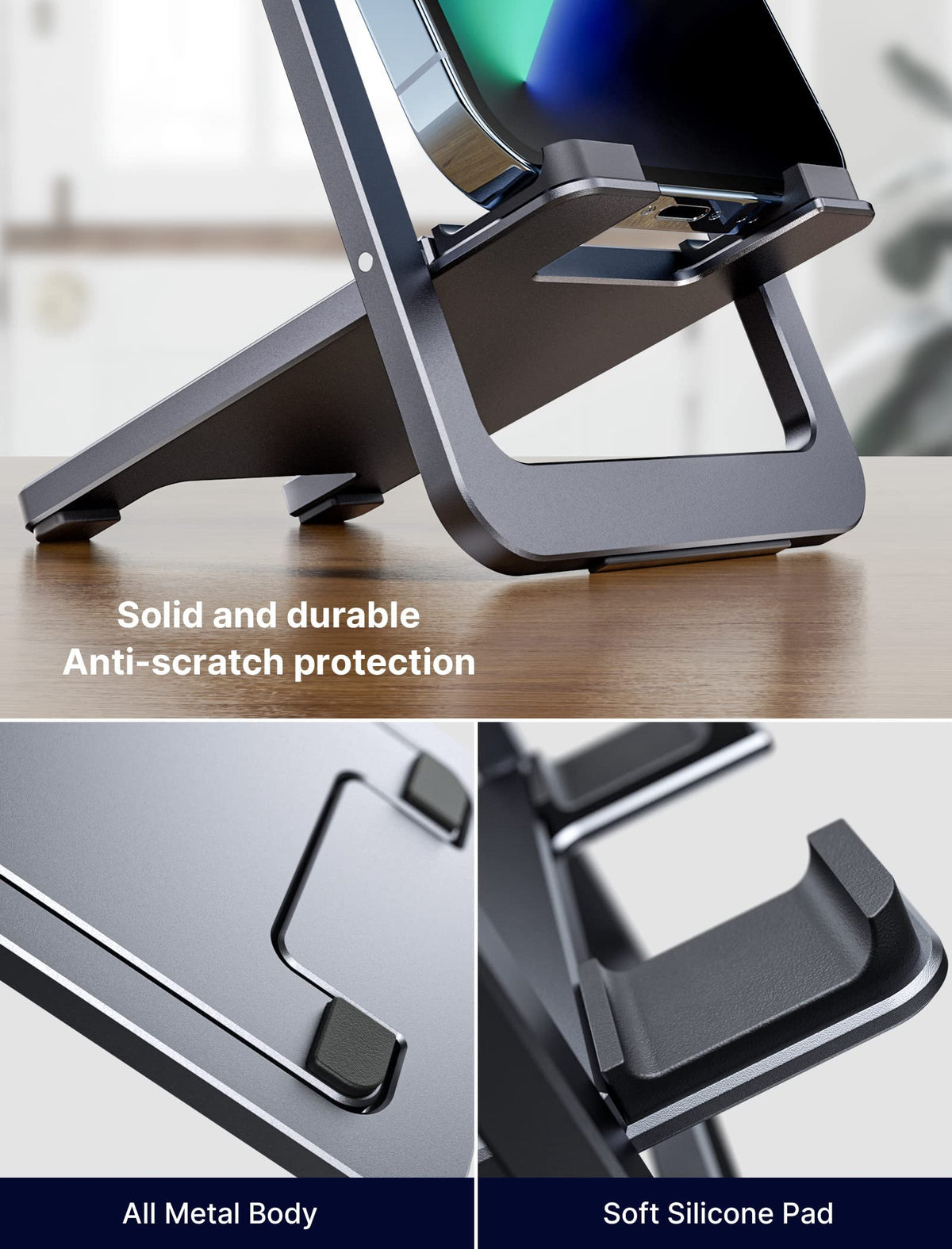 HASTHIP® SmartGadgets Universal Mobile Phone Stand for Desk, 360° Rotatable & Foldable Aluminum Adjustable Holder, Height Adjustable Cell Phone Stand Compatible with iPhone 16/15/14 Pro Max, Galaxy