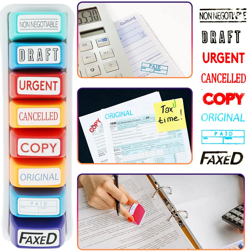 HASTHIP® 8PCS Self-Inking Office Stamps Set,Business Rubber Stamps in Red & Blue Ink,Paid Copy Scanned Faxed Approved Completed Message Work with Storage Tray Multicolor for Documents & Office