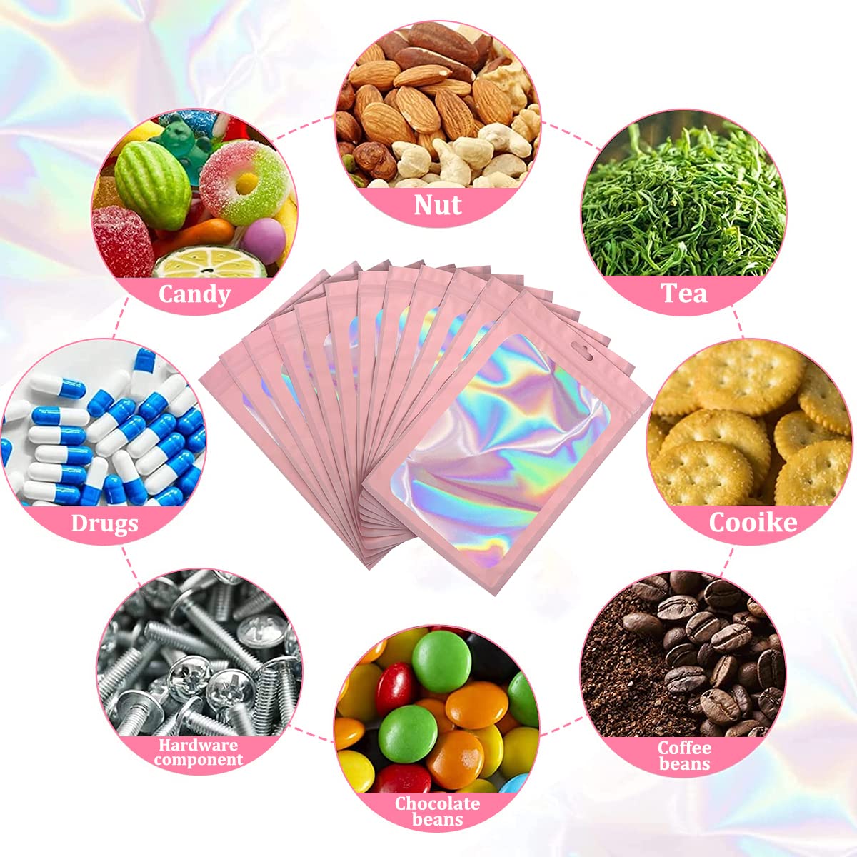 HASTHIP Smell Proof Mylar Bags for Candy and Cookies with Resealable Ziplock | 100 Pcs 8 x 13 cm Pink