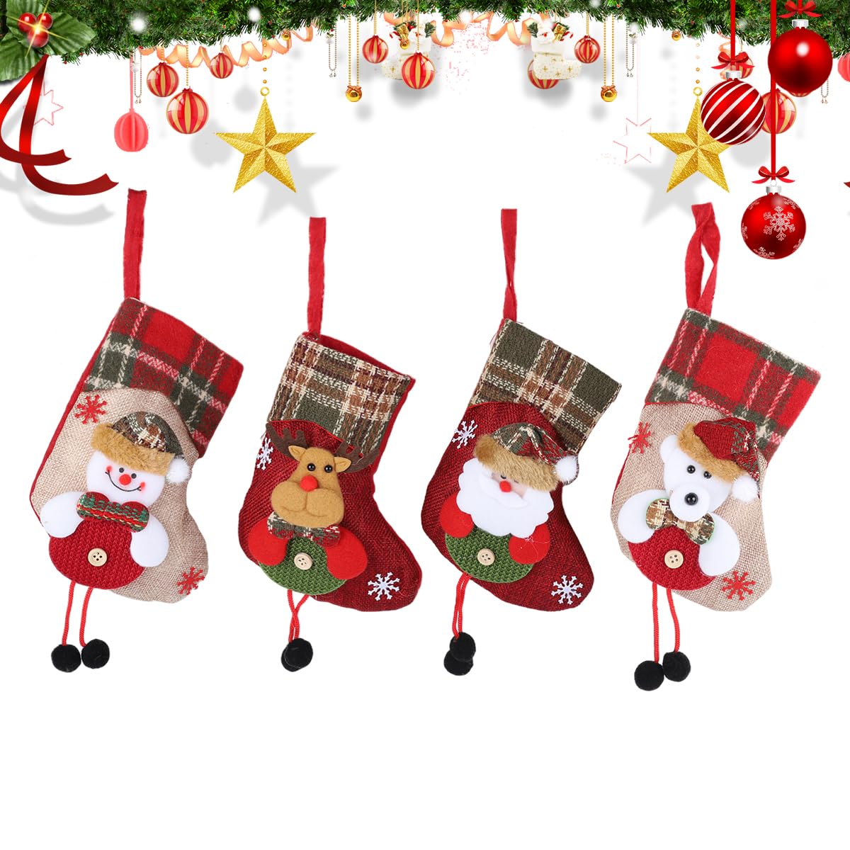 HASTHIP Christmas Stockings Set for Tree and Home Decor featuring 4pcs 14x19 cm Fabric Designs