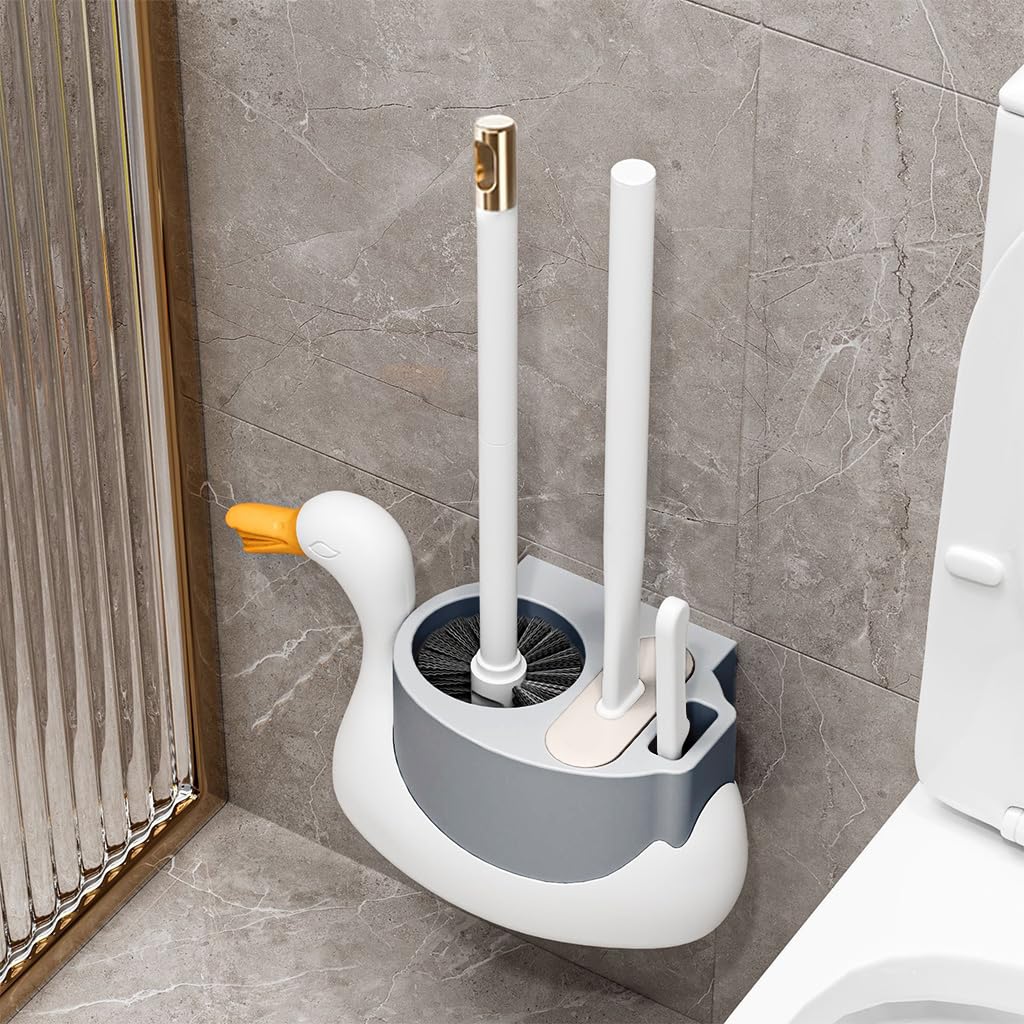 HASTHIP® Multi-Functional Bathroom Cleaning Kit, Toilet Brush and Scrubber Set with 2 Bristle Brushes & 1 Rubber Scrubber, Modern Home Bathroom Cleaner Tools for Toilet, Shower & Floor - Grey