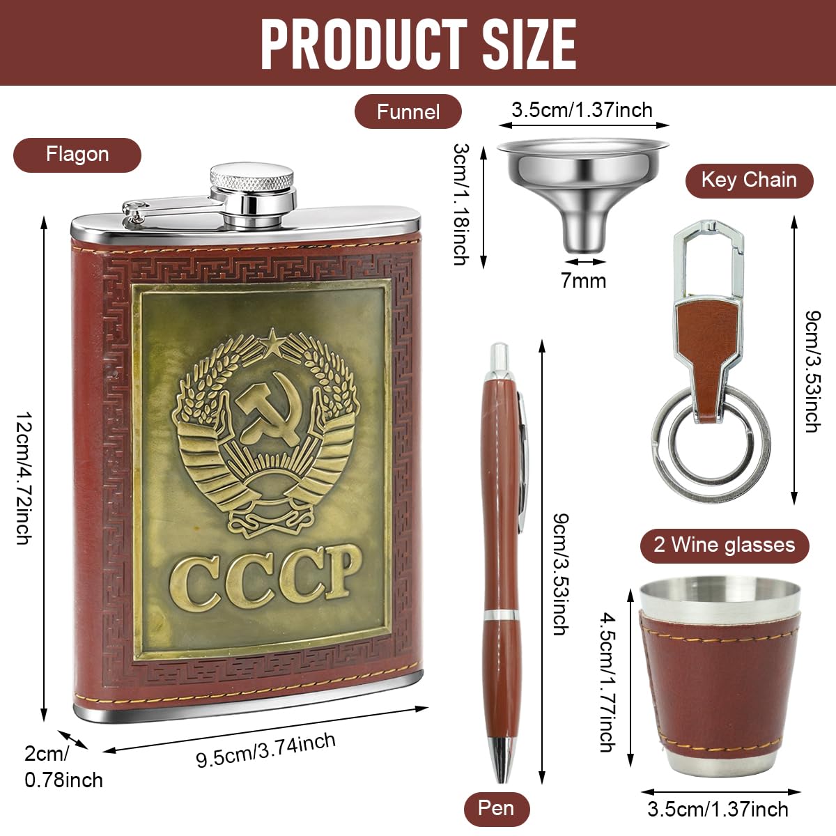 HASTHIP Whisky Flask Gift Set for Men with 8 oz CCCP Embossed PU Finish | Stainless Steel Accessories