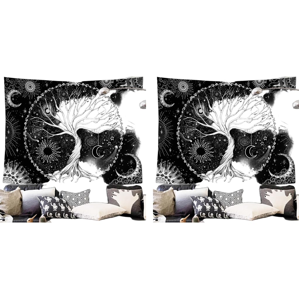 HASTHIP Tree of Life Tapestry for Bedroom with Black and White Galaxy Design 50×60 in 2PCS