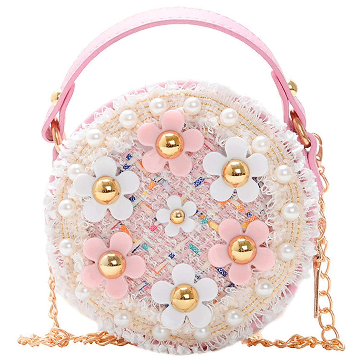 HASTHIP® Mini Floral Tweed Handbag Round Sling Bag Flower Appliqué, Top Handle Cute Pastel Crossbody/Shoulder Bag for Kids Dress-Up, Parties & Casual, 12x5x12cm