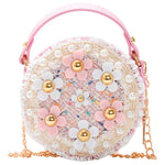 HASTHIP® Mini Floral Tweed Handbag Round Sling Bag Flower Appliqué, Top Handle Cute Pastel Crossbody/Shoulder Bag for Kids Dress-Up, Parties & Casual, 12x5x12cm