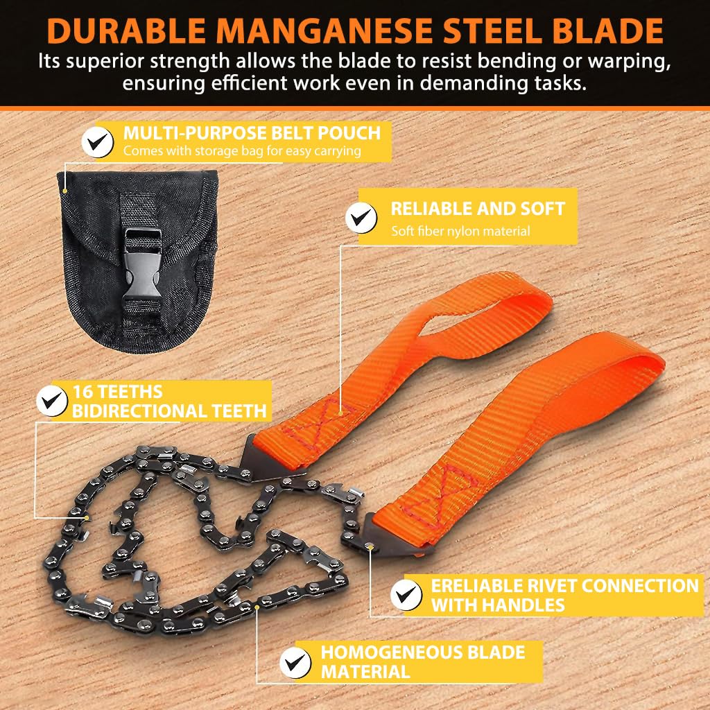 HASTHIP® 24" Pocket Chainsaw with Grips Folding Pull Saw with Storage Pouch Manganese Steel Hand Saw Hand Saw Portable Hand Saw for Cutting Branches, Outdoor Survival Gear Camping Gadget