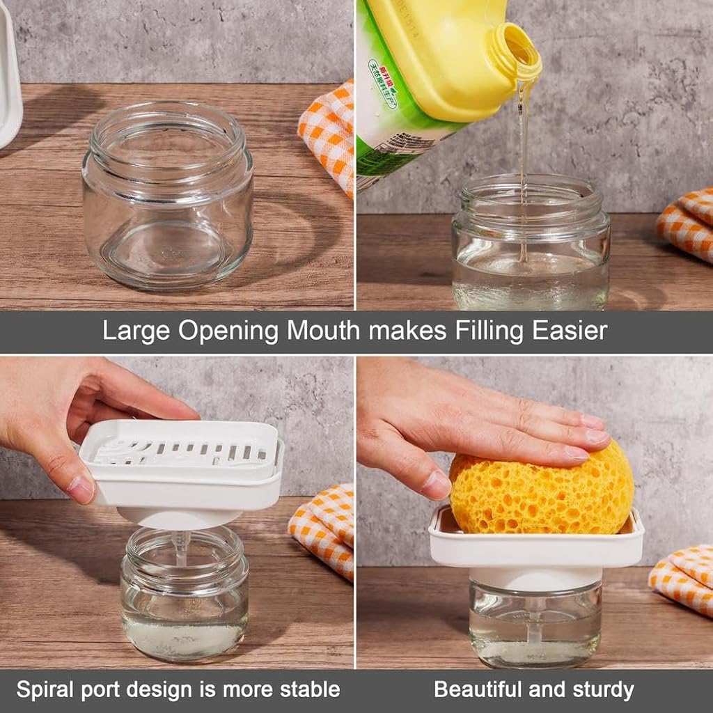 HASTHIP® 2 in 1 Glass Dish Soap Dispenser for Kitchen Sink-White