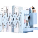 HASTHIP® Sujetalibros Ajustables de Metal 19", Bookends Resistentes para Libros Pesados con 2 Divisores, Portabolígrafos Extraíble, Bandeja y 3 Ganchos, Organizador de Libros para Oficina,