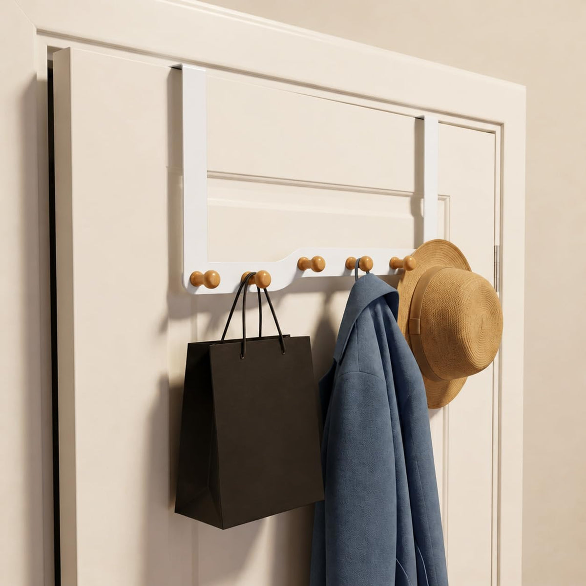 HASTHIP Over-the-Door Hook Rack with Six Non-Slip Wooden Hooks and No-Drill Hanging