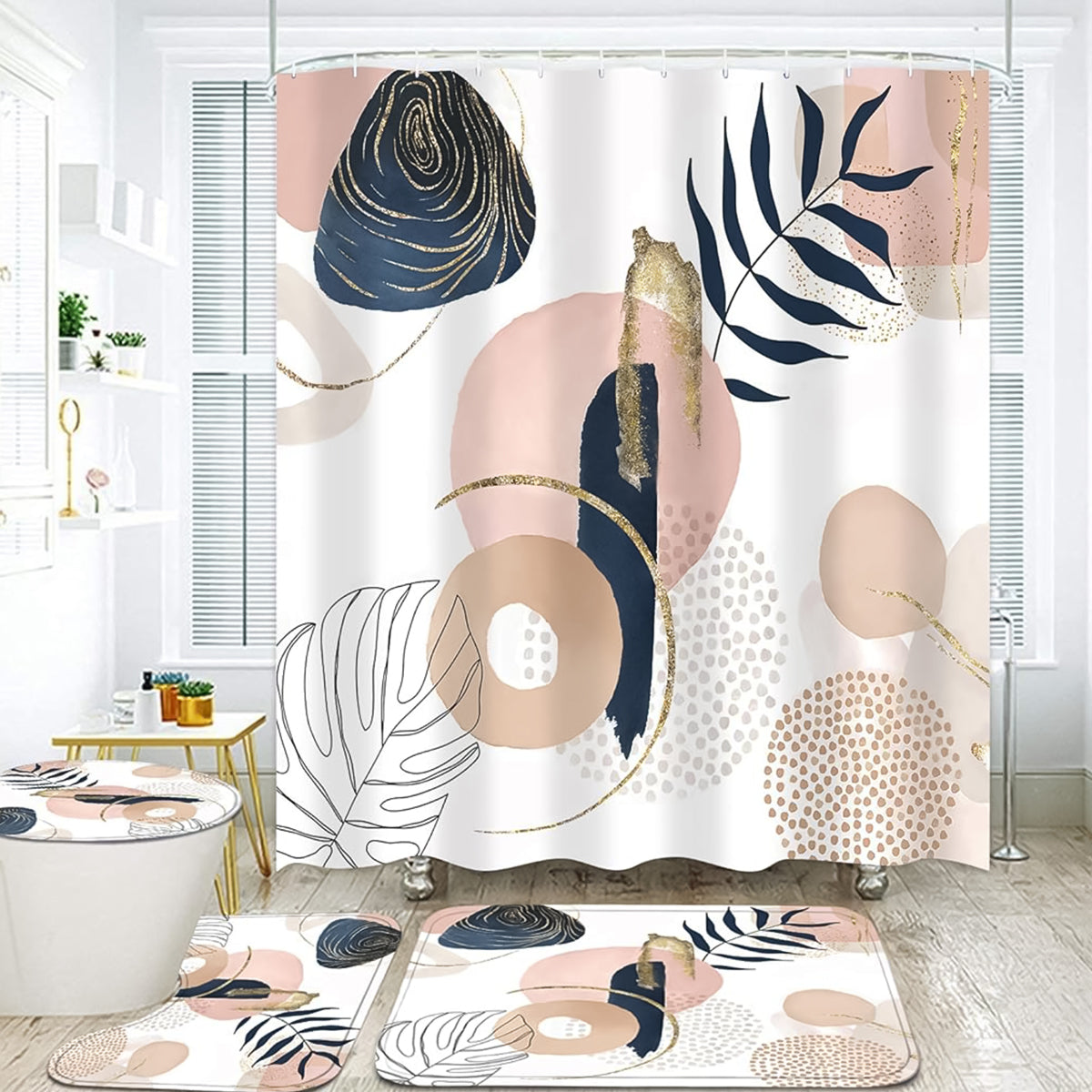 HASTHIP® 4Pcs Bathroom Shower Curtain With Boho Leaf Print - Waterproof Curtain, Toilet Cover, Bathtub & Absorption Foot Mat Combo For Modern Bathroom Décor, Universal Fit, Durable & Stylish Supplies