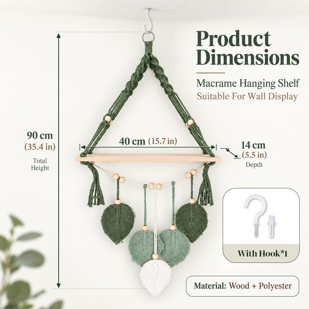HASTHIP Boho Wall-Mounted Storage Shelf with Green Leaf Weaving, Tassel Trim and Wood Platform
