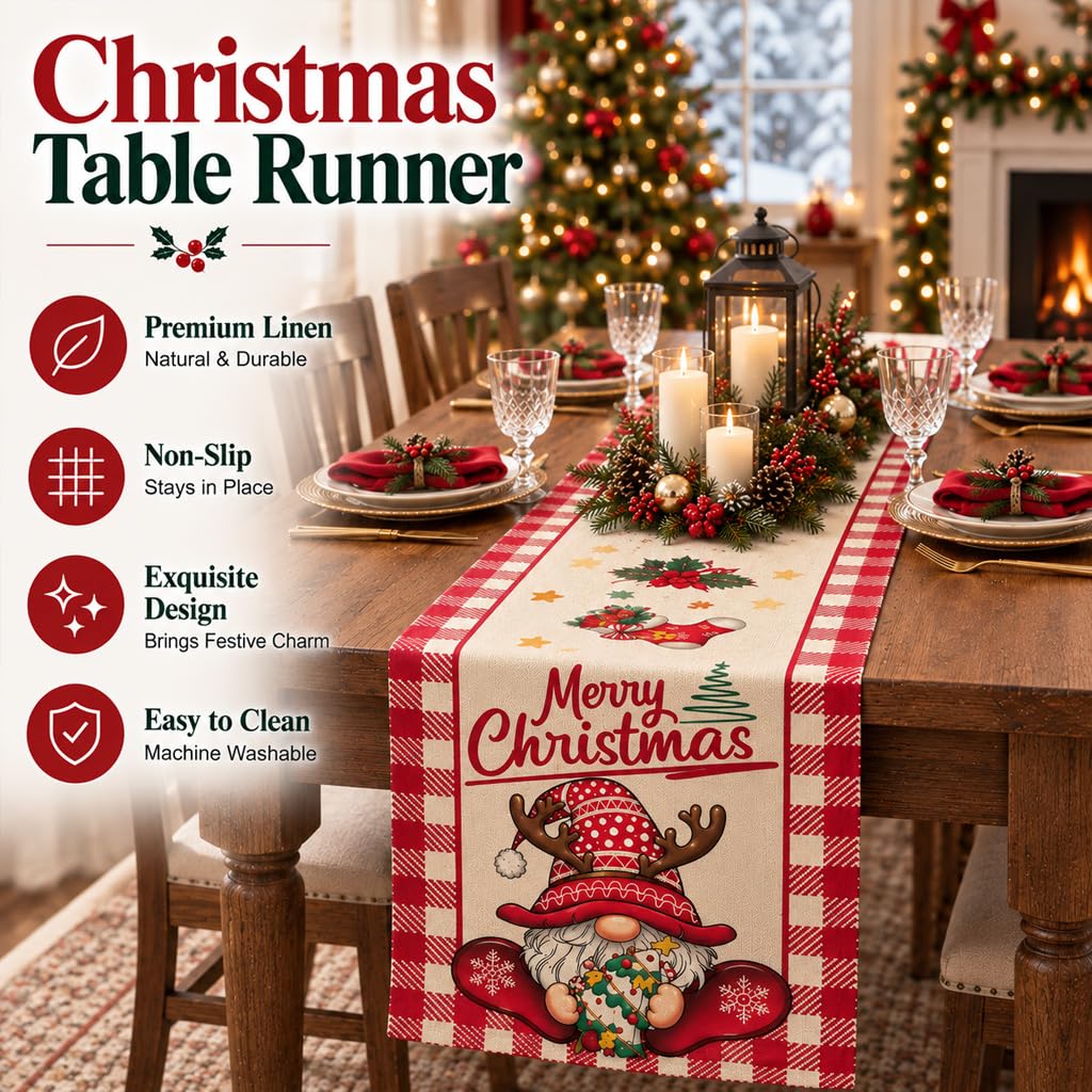 HASTHIP Plaid Snowflakes Christmas Table Runner in Linen Fabric for 4 to 6 Person Tables