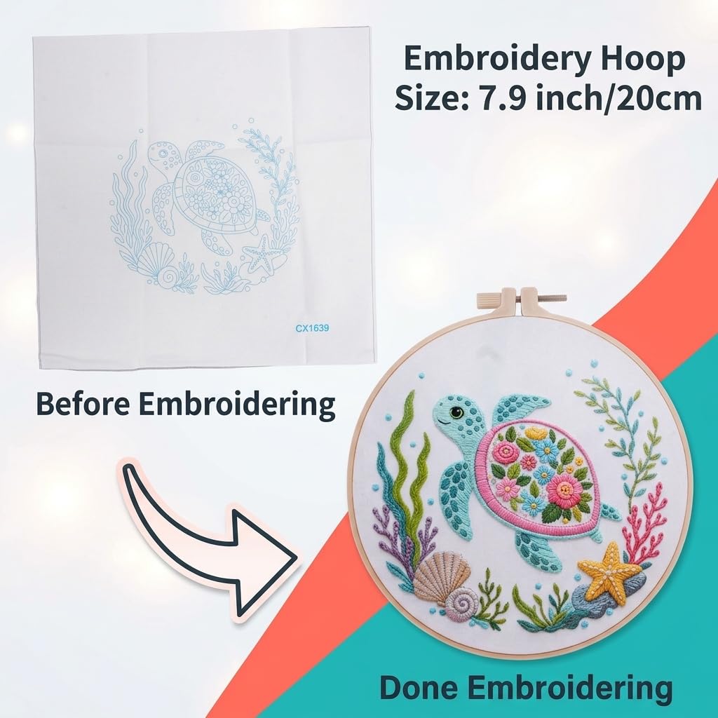 HASTHIP Embroidery Kit with 7.9 Inch PP Hoop, Printed Cotton Canvas and Colorful Threads