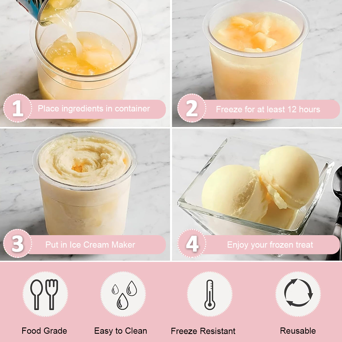 HASTHIP® 4Pcs 16Oz Ice Cream Tubs Compatible with Ninja CREAMi Ice Cream Maker NC300, NC299AM Ice Cream Tubs Ice Cream Pints with Lids for Ninja Ice Cream Maker, with 4 Color Spoons & Ice Cream Scoop
