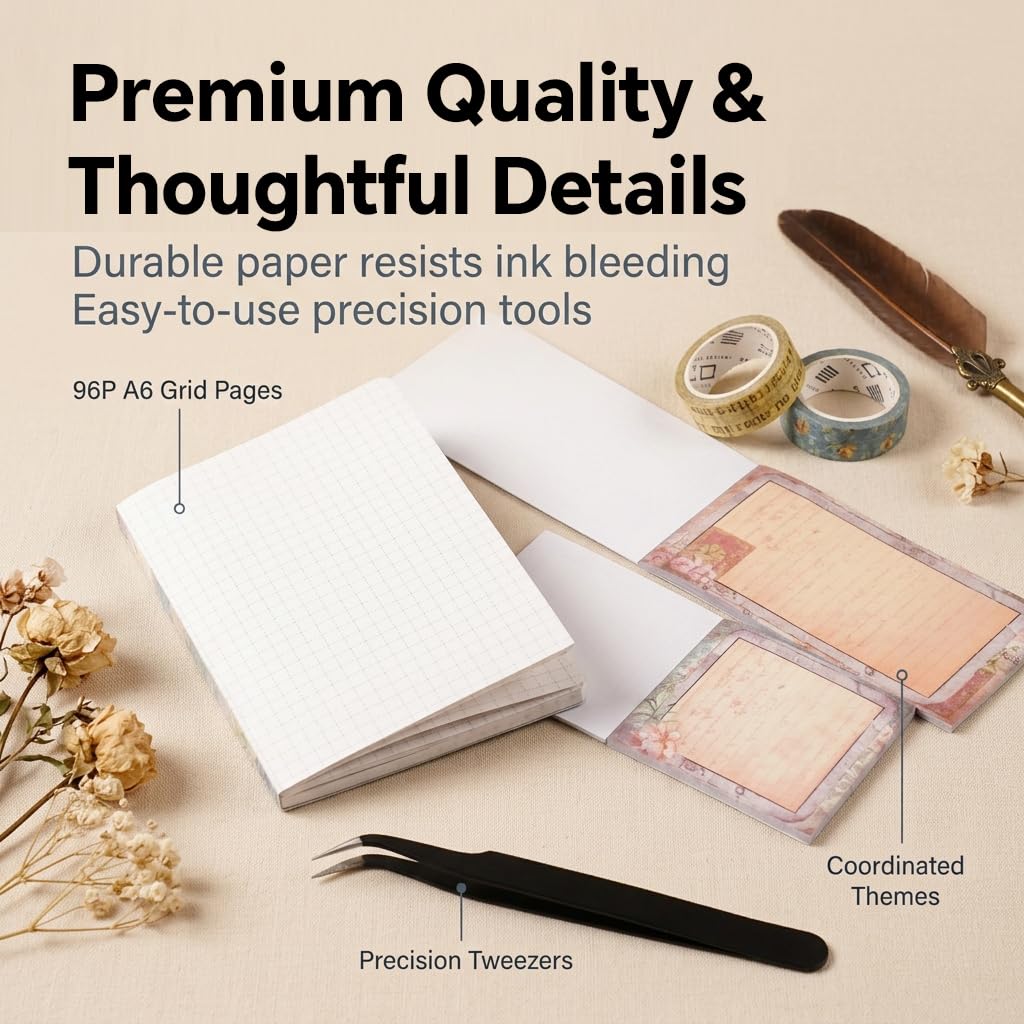 HASTHIP Vintage Wonderland Scrapbooking Kit with A6 Journal, Stickers, Papers and Tweezers