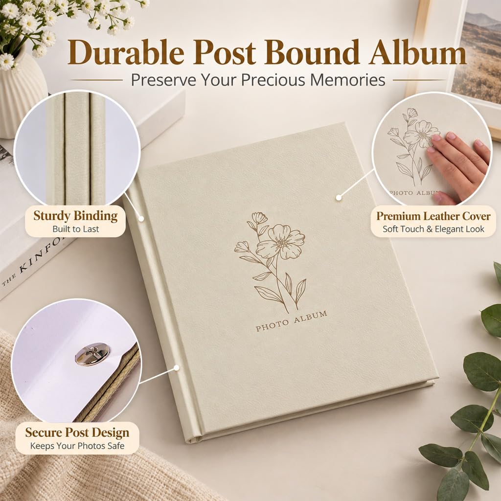 HASTHIP Self-Adhesive Photo Album, 23 x 25 cm, Beige Leather Cover, 20 Sheets, 40 Pages