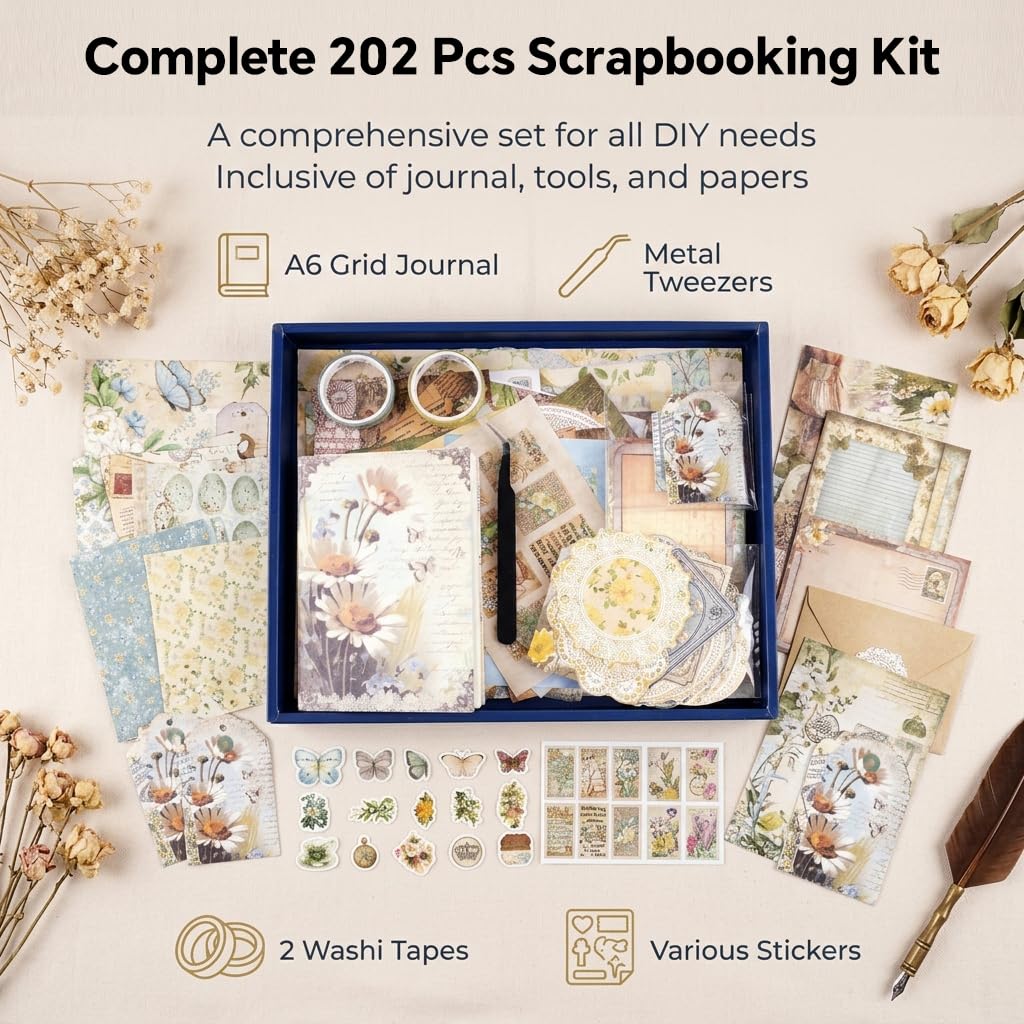 HASTHIP Vintage Wonderland Scrapbooking Kit with A6 Journal, Stickers, Papers and Tweezers