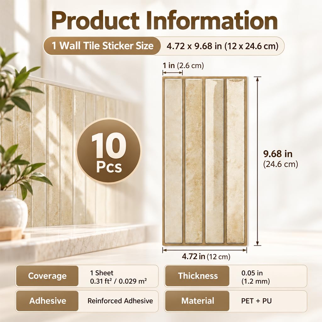 HASTHIP 3D Peel-and-Stick Backsplash Tiles, 10 Sheets in Chestnut for Easy DIY Wall Updates