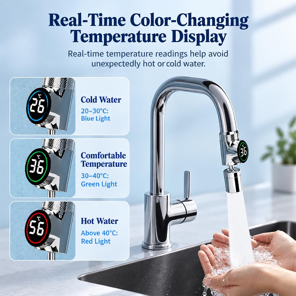 HASTHIP Smart Digital Display Faucet Extender with Two Spray Modes and Stainless Steel Construction