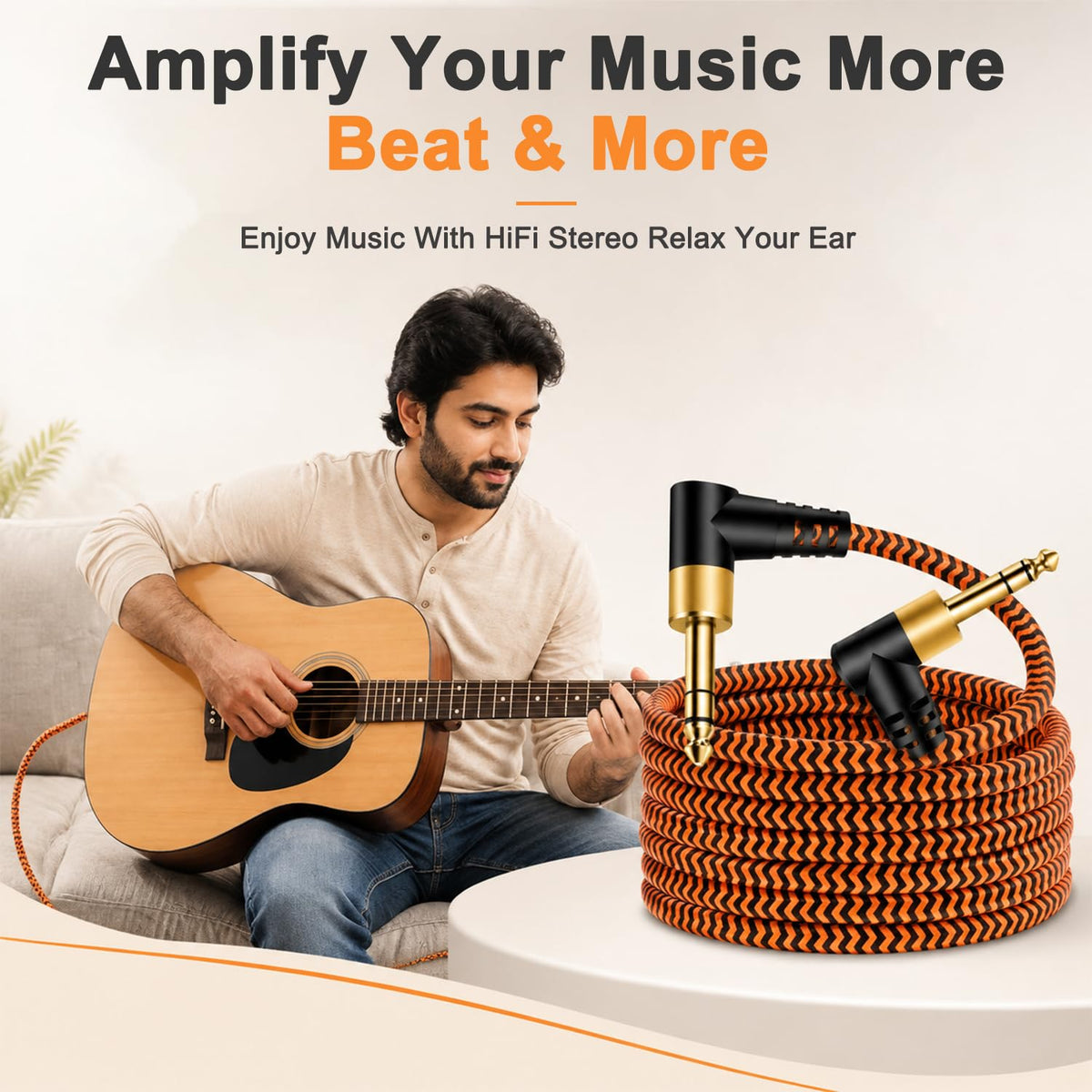 HASTHIP 3m 6.35mm TRS Instrument Cable with Dual Right-Angle Plugs and Braided Nylon Jacket