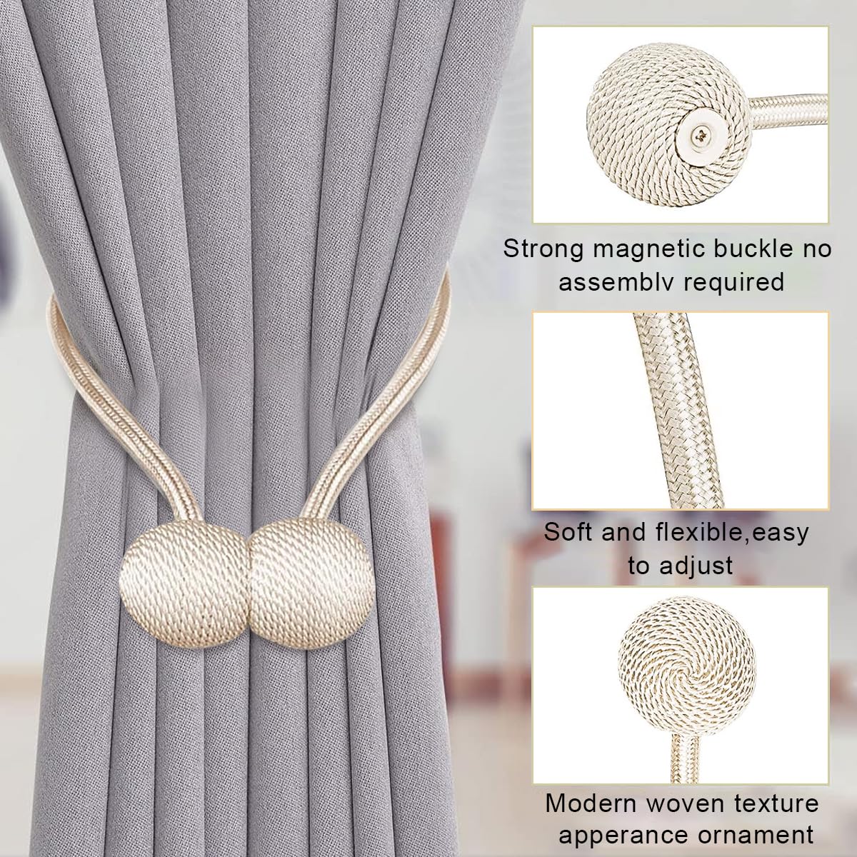 HASTHIP Magnetic Curtain Tiebacks for Home and Office with 40cm Rope and 3.3cm Balls | Strong Anti Rust Magnets