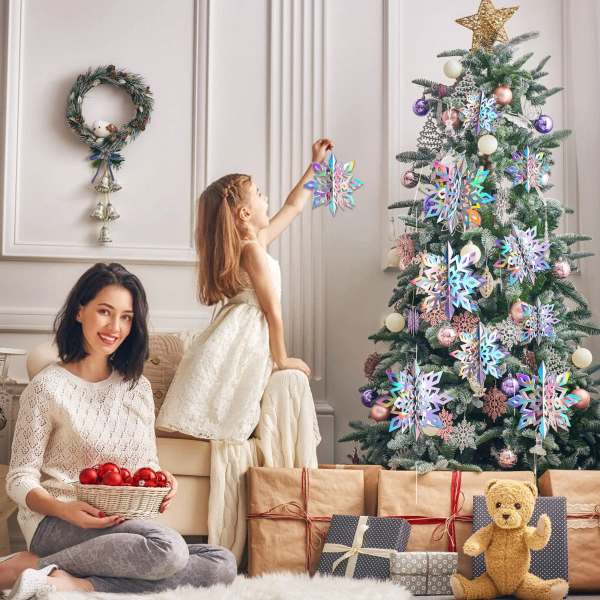 HASTHIP Christmas Snowflake Decorations for Winter Parties featuring 18PCS 3D Iridescent Paper Designs