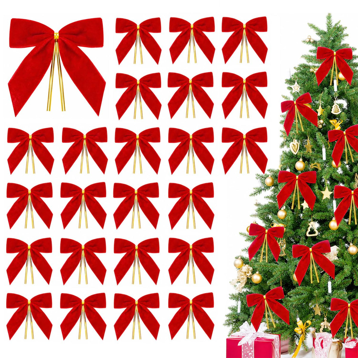 HASTHIP 24-Piece Red Velvet Christmas Bow Ornaments with Golden Tie Wires for Holiday Decorating