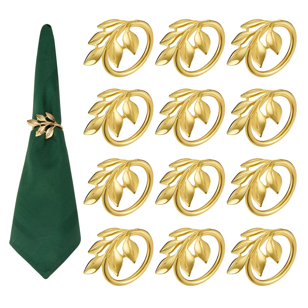 HASTHIP® 12Pcs Gold Leaf Napkin Rings, Elegant Metal Napkin Holders for Wedding, Dinner, Banquet, Festival and Holiday Table Decorations, Durable and Reusable Table Accessories