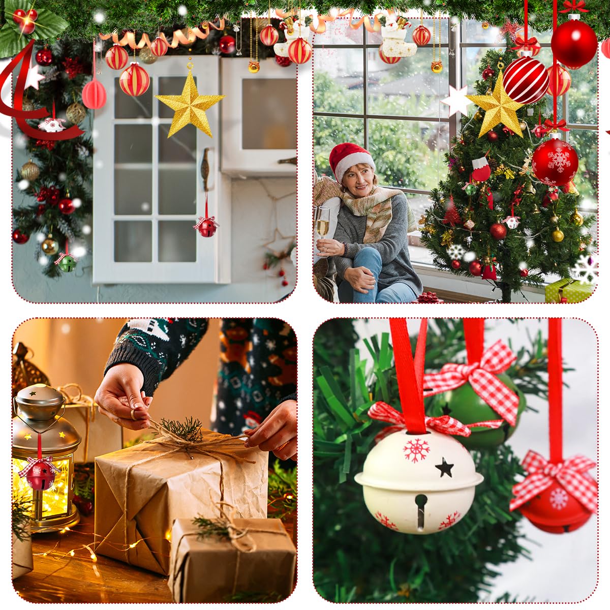 HASTHIP Christmas Bell Ornaments for Tree Decorating with 12 Metal Bells and Checkered Ribbons | Green Red White Holiday Décor
