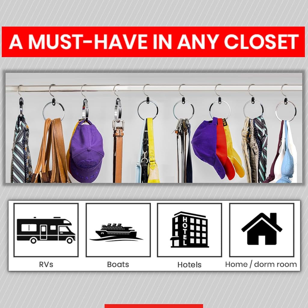 HASTHIP® 360° Swivel Belt Organizer Ring, Wardrobe Hanger Organizer with Hook, Multipurpose Zinc Alloy Wardrobe Ring Hanger for Belt, Tie, Cap