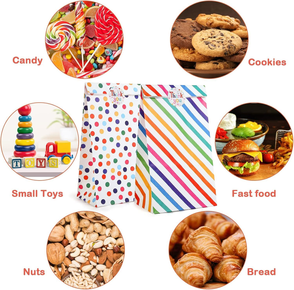 20Pcs Paper Gift Bags Candy Gift Bags Color Dots Strips Gift Bags with Stickers, Colorful Wooden Clips, Cute Tags, 10m Cotton Cord, Colorful Paper Gift Bag for Party Favor, Wedding Favor
