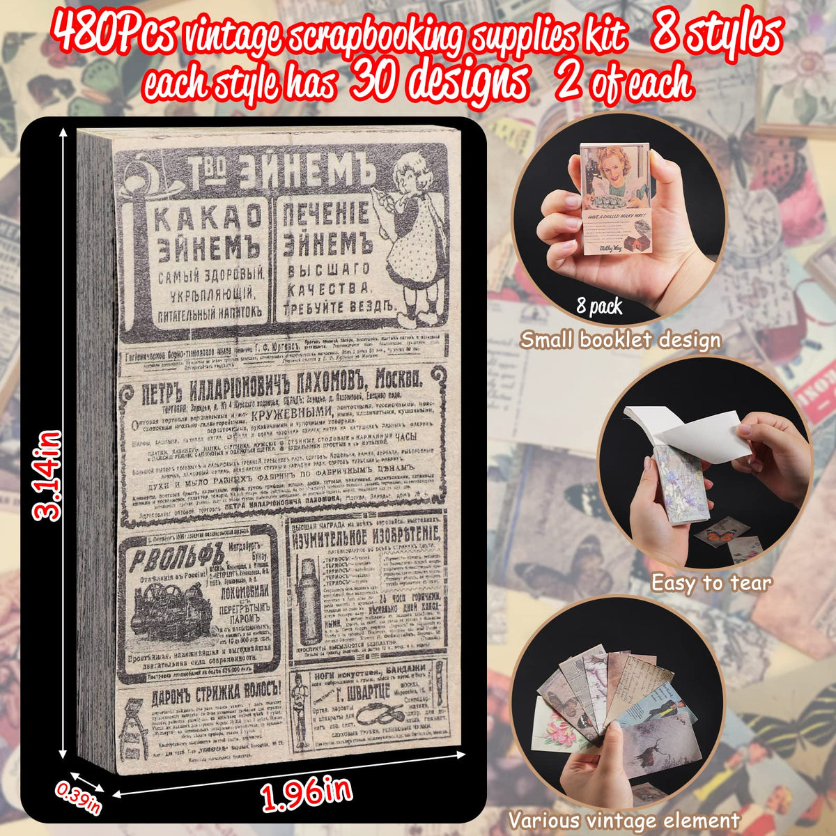 HASTHIP Vintage Scrapbooking Paper Set for DIY Crafts with 480 Sheets and 8 Unique Themes