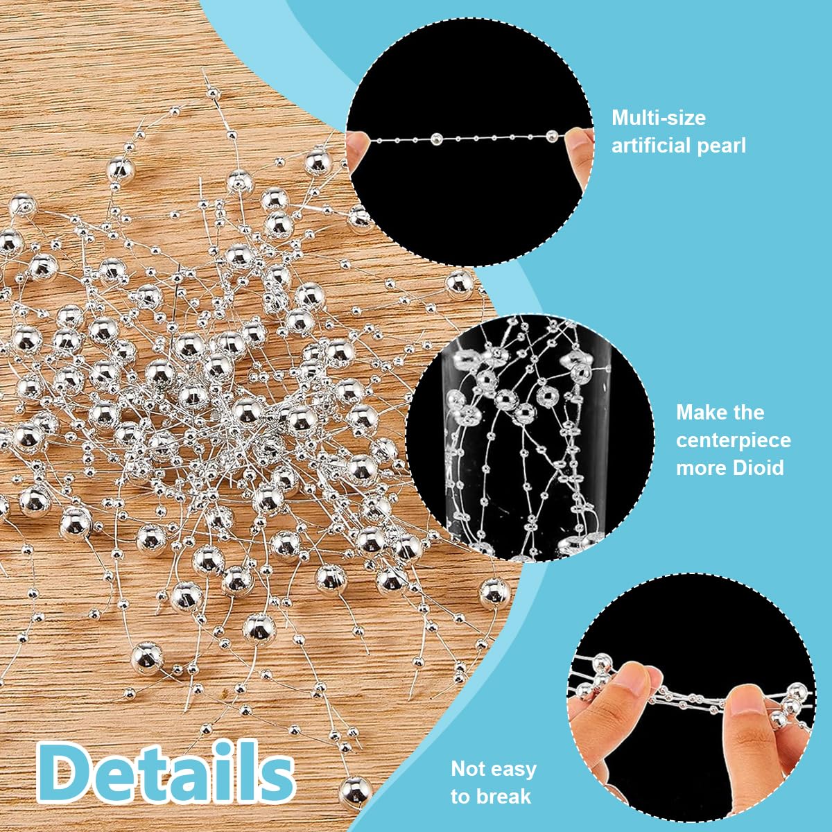 HASTHIP Pearl String for Floating Candle Centerpieces with 3mm and 8mm Beads | White Wedding Décor