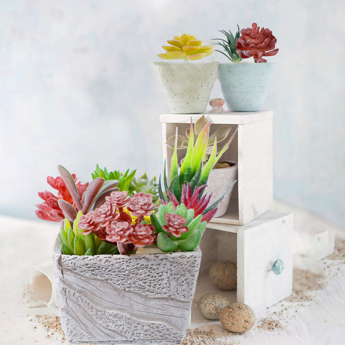 HASTHIP Artificial Succulent Plants for Home Decor with 16 Pcs Flocked PVC Set | Maintenance Free