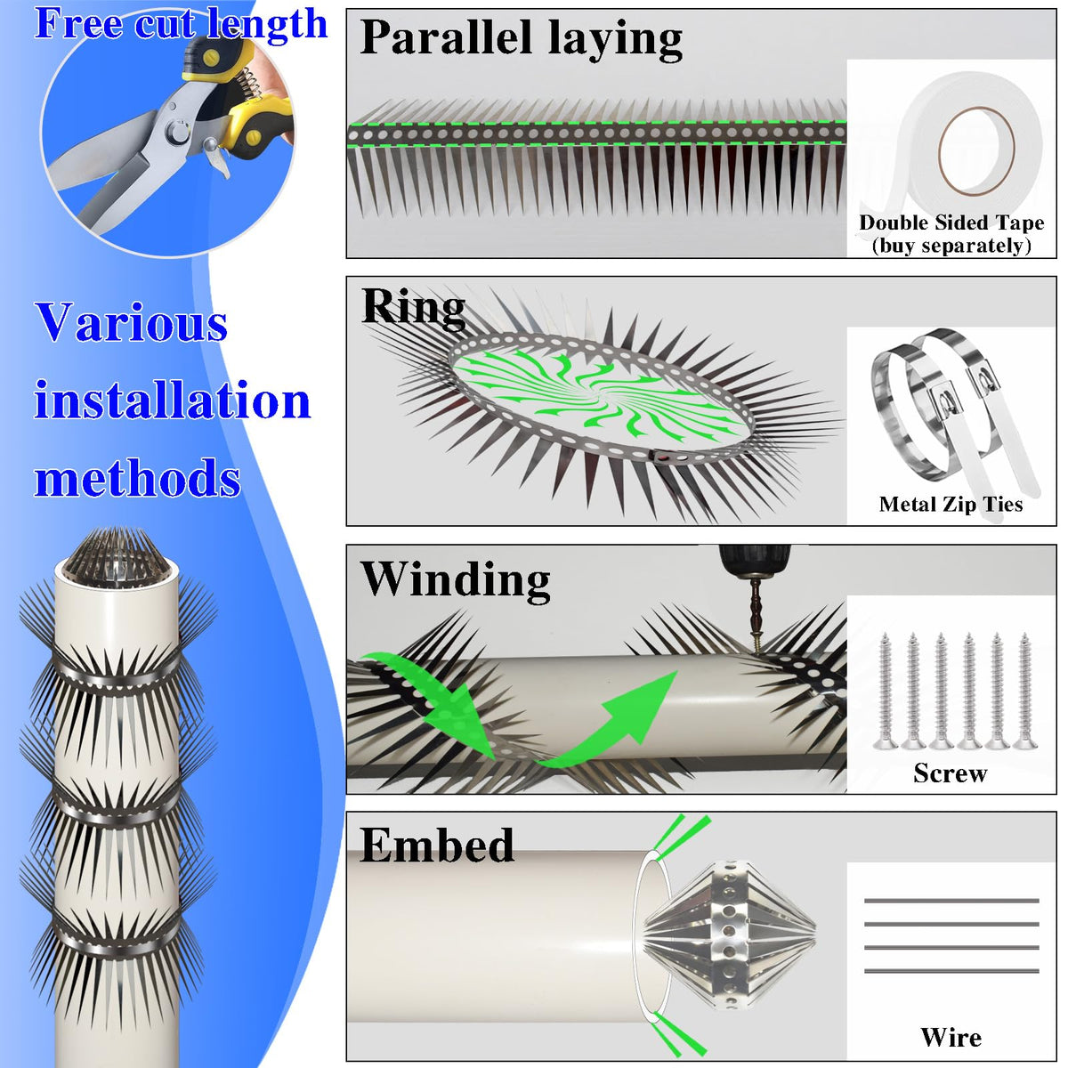 HASTHIP Outdoor Bird Deterrent Spikes 100CM with Double Row Stainless Steel Design | 2PCS