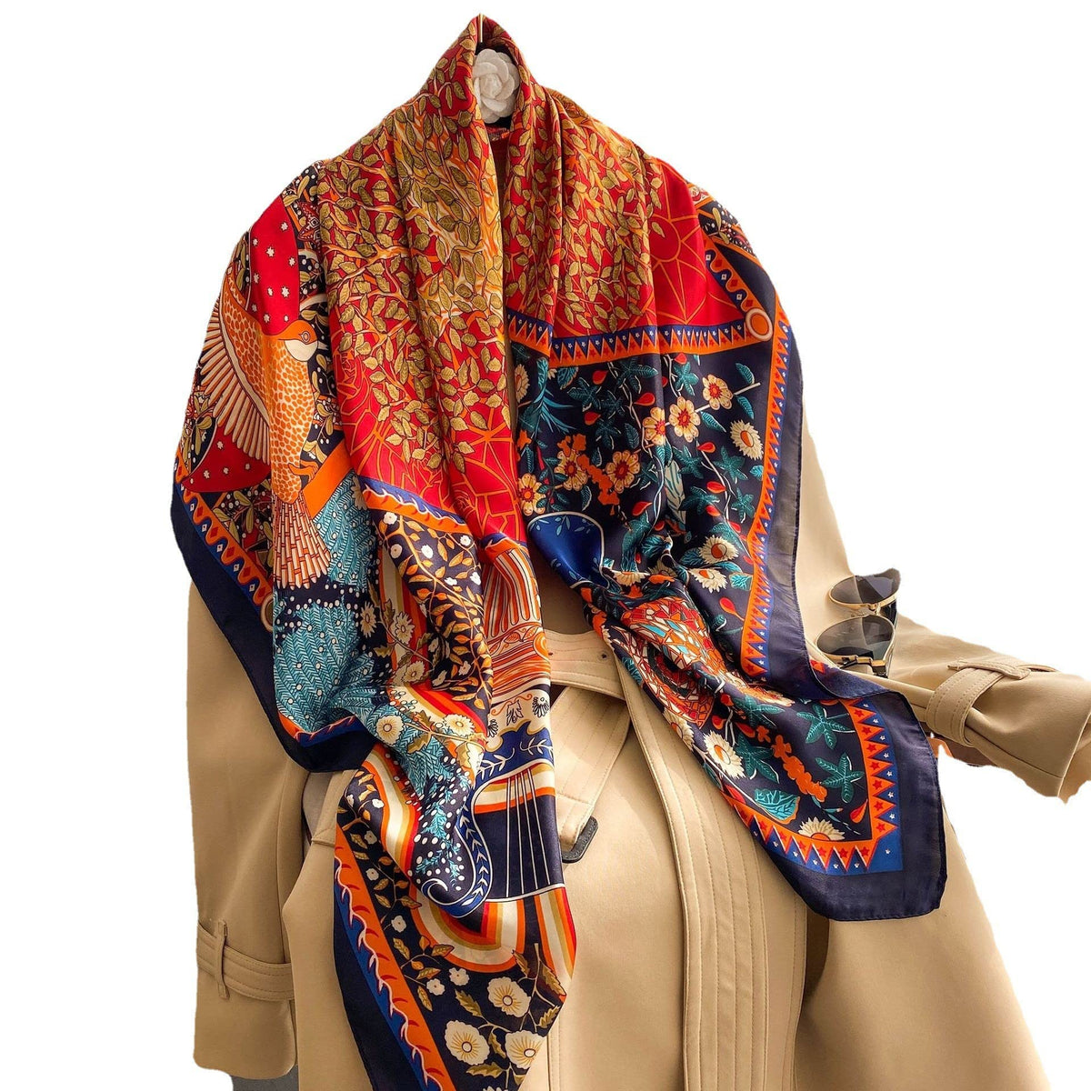 HASTHIP® Bufanda Cuadrada de Satén para Mujer 110x110 cm,Imitación Seda Suave y Ligera,Pañuelo de Cuello y Cabeza Multicolor con Estampado Árbol la Vida Accesorio Elegante para Pelo