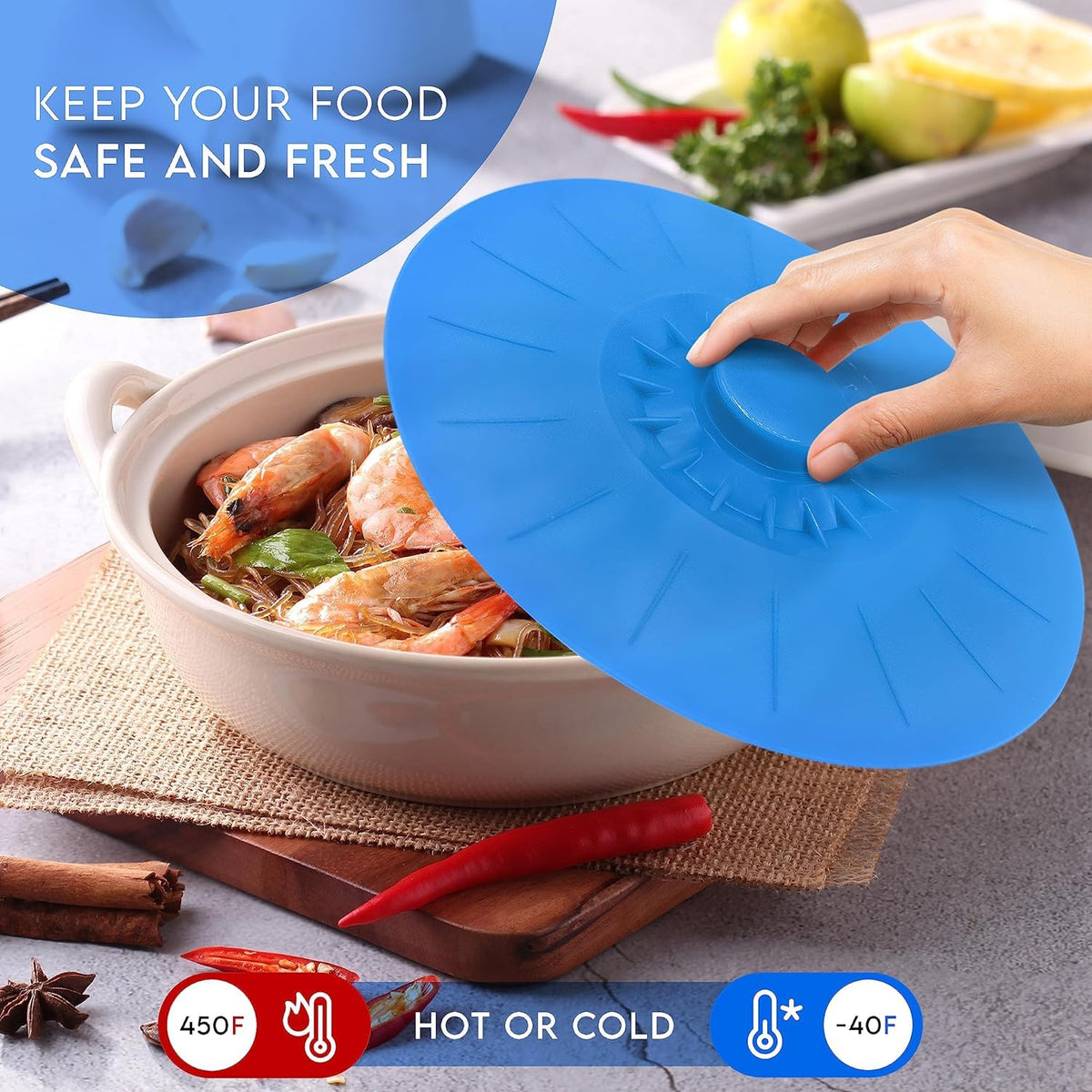 HASTHIP Silicone Lids for Bowls with 10 Piece Set in 5 Sizes from 13.2cm to 26.5cm | Blue Reusable Covers