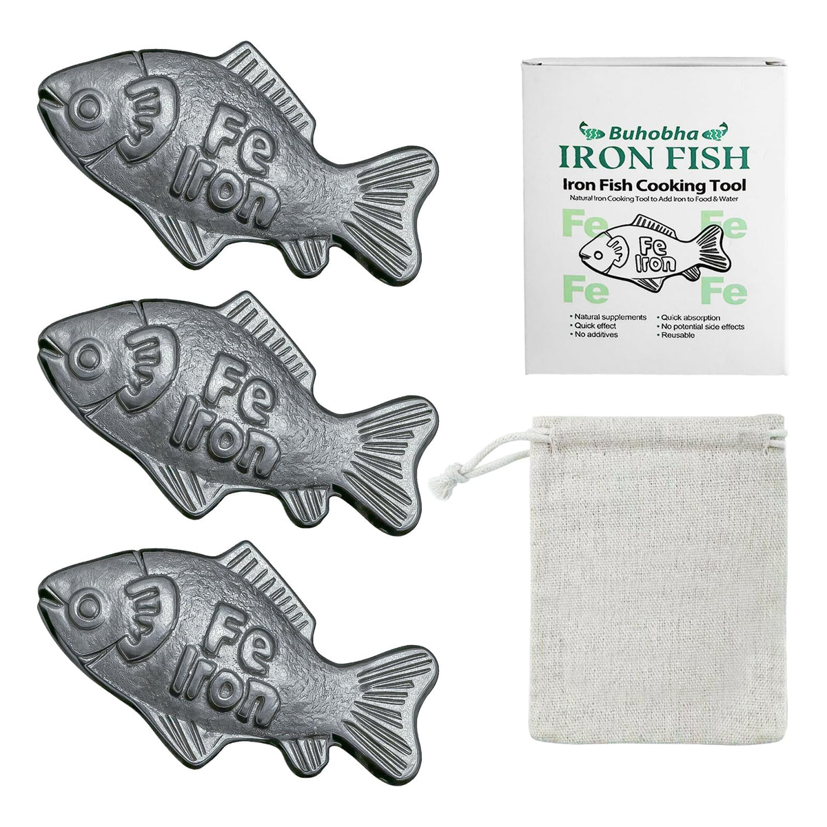 HASTHIP® Iron Fish Cooking Tool, Cast Iron "Fe" Iron Infuserwith Storage PouchReusable Iron Supplement Additive for Simmering Soup, Stew, Naturally Increase Dietary Iron Intake,(7×4×2 cm)
