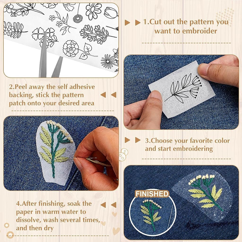 HASTHIP Water Soluble Stabilizer for Embroidery with 50 Flower Patterns in White | Easy Stick and Stitch for Beginners