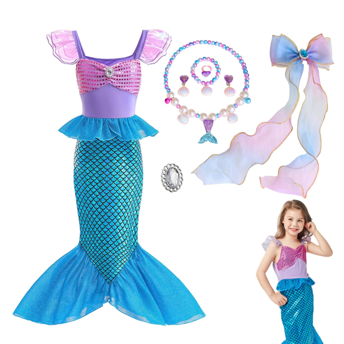 HASTHIP® Mermaid Dress for Girls - Little Mermaid Costume for Girls with Bag Princess Dresses for Girls Gift Birthday Party