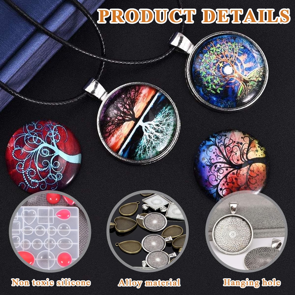 HASTHIP Pendant Trays Kit for DIY Jewelry Making with 48Pcs Moon Rotation Round Bezels | Includes Clear Glass Dome Tiles and Silicone Molds