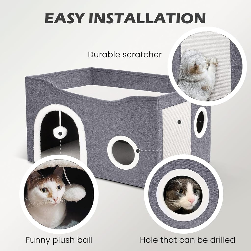 HASTHIP® Foldable Cat House, Cat Bed for Indoor Cats, for Cat Multi Opens Game Tunnel for Cat Double Layer Cat House with Atop Platform & Cat Scratcher Board DIY Assembly Cat House All Season Use