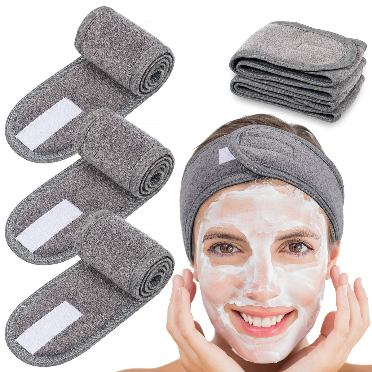 HASTHIP® Diadema Spa Facial Ajustable de Microfibra Suave con Cierre de Velcro,Banda para el Cabello Absorbente para Maquillaje,Baño Yoga y Rutina Cuidado Facial – Pack 3 Unidades