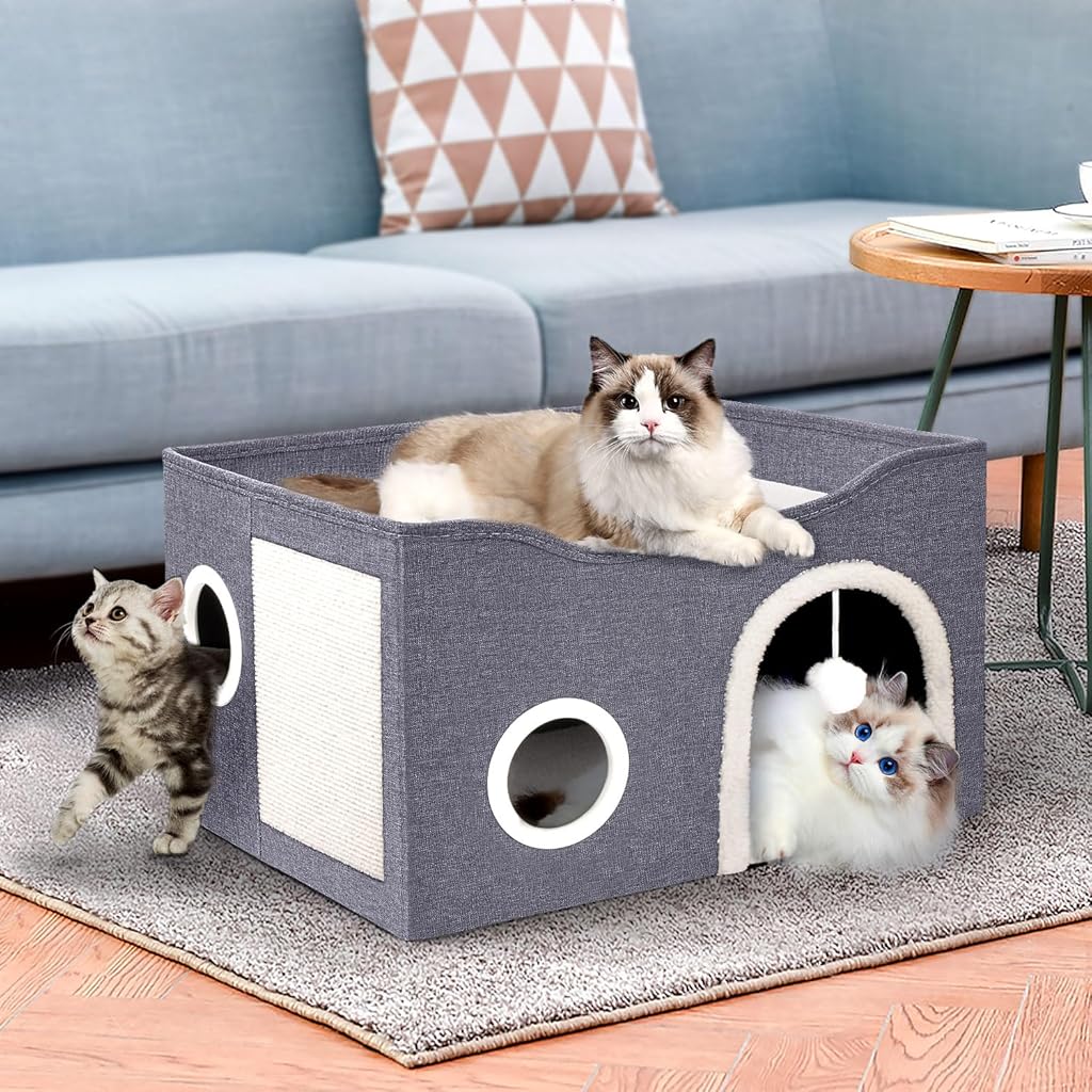 HASTHIP® Foldable Cat House, Cat Bed for Indoor Cats, for Cat Multi Opens Game Tunnel for Cat Double Layer Cat House with Atop Platform & Cat Scratcher Board DIY Assembly Cat House All Season Use