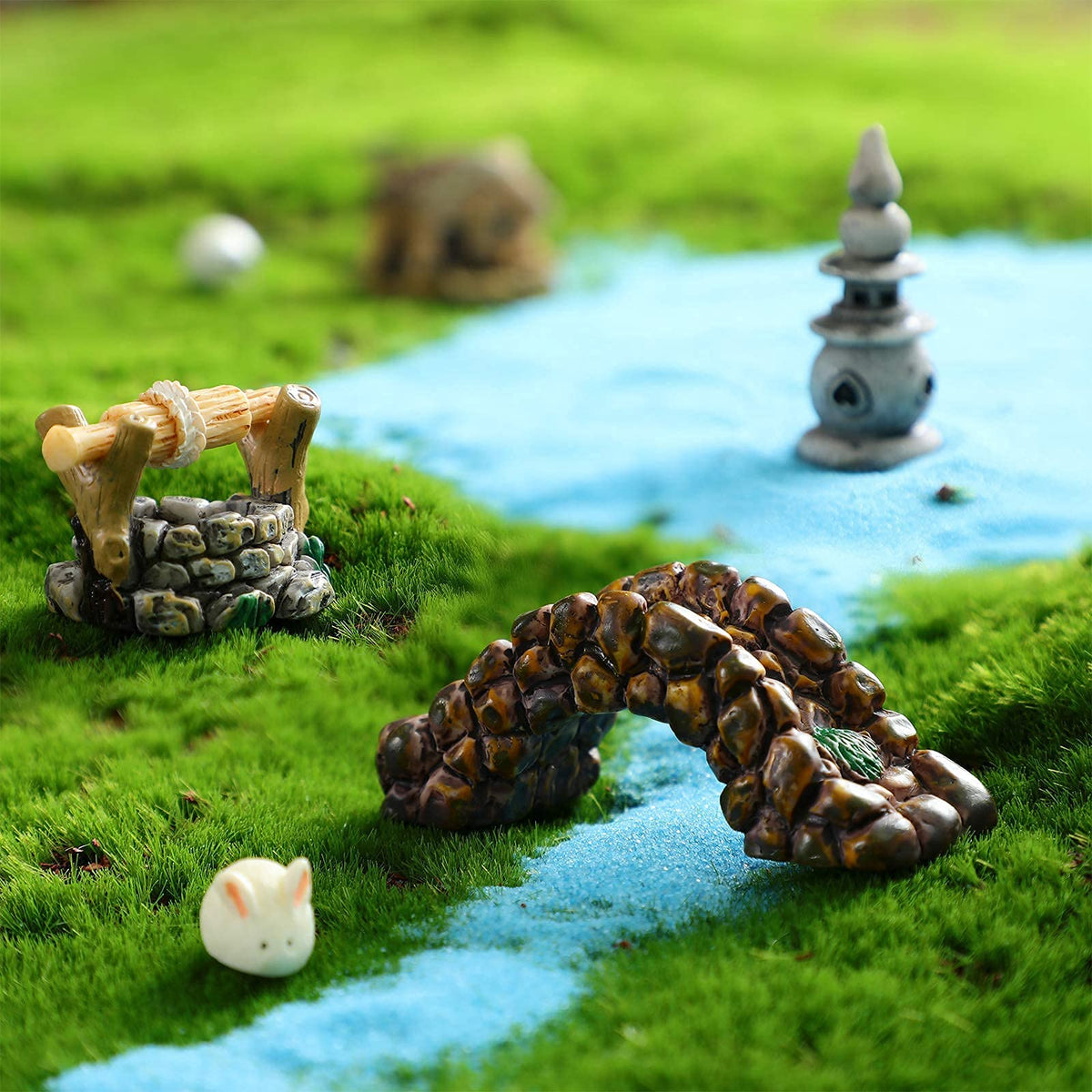 HASTHIP Miniature Garden Accessories for Fairy Gardens with 12 Resin Figurines in White | Bridge Lighthouse and Water Well Set