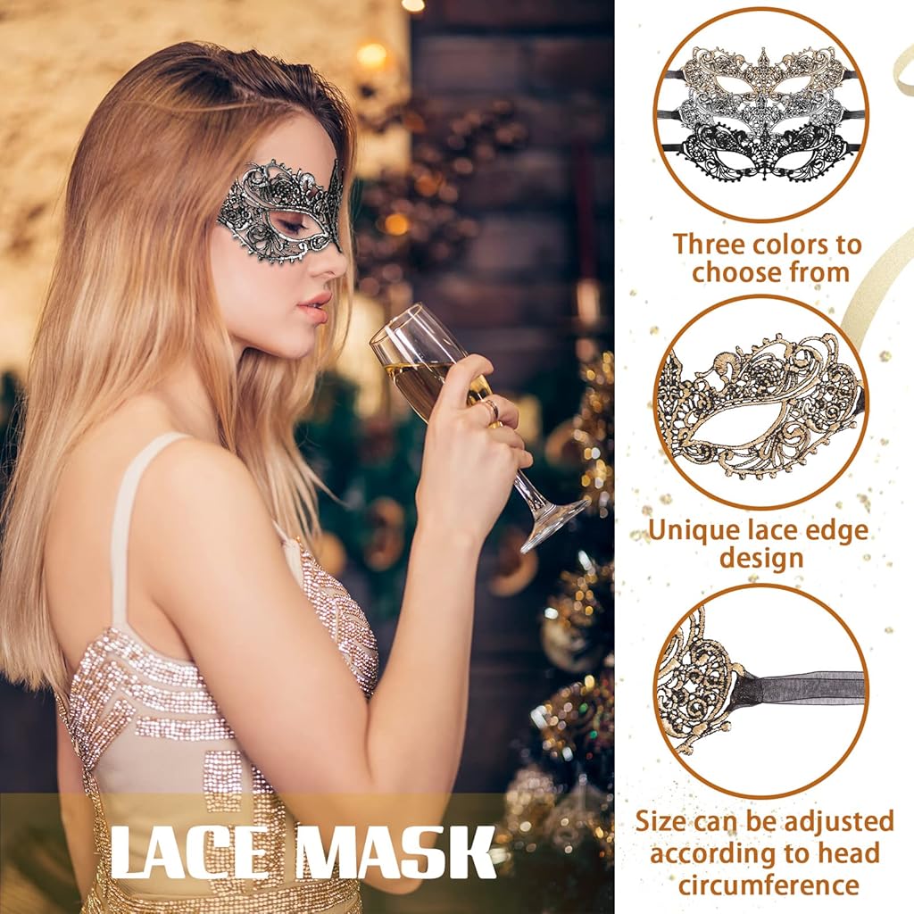 HASTHIP® 3 Piezas Máscaras Venecianas para Mujer,Máscaras de Encaje Negra Dorada Plateada,Antifaz de Fiesta para Halloween Carnaval Baile Disfraces y Eventos Noche