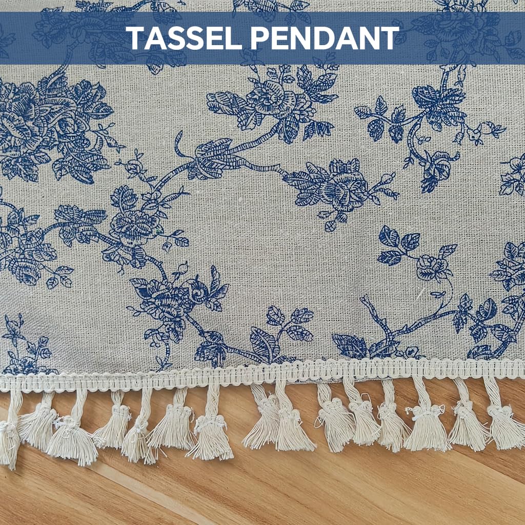 HASTHIP Floral Table Cloth for Dining and Kitchen with Tassel Fringe 150x180 cm Blue Linen Blend | Rustic Decorative Cover for Indoor and Outdoor Use