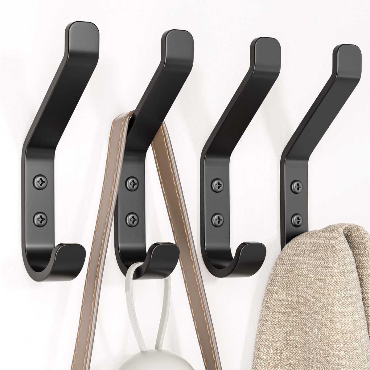 HASTHIP® 4Pcs Wall Hooks Hat Hooks Garment Hanger Hooks Coat Hooks Dual-hook Design Modern Minimalist Cast Iron Wall Mount Hooks with Screws Kit, Versatile Wall Hooks for Entryway, Wall, Room, Kitchen