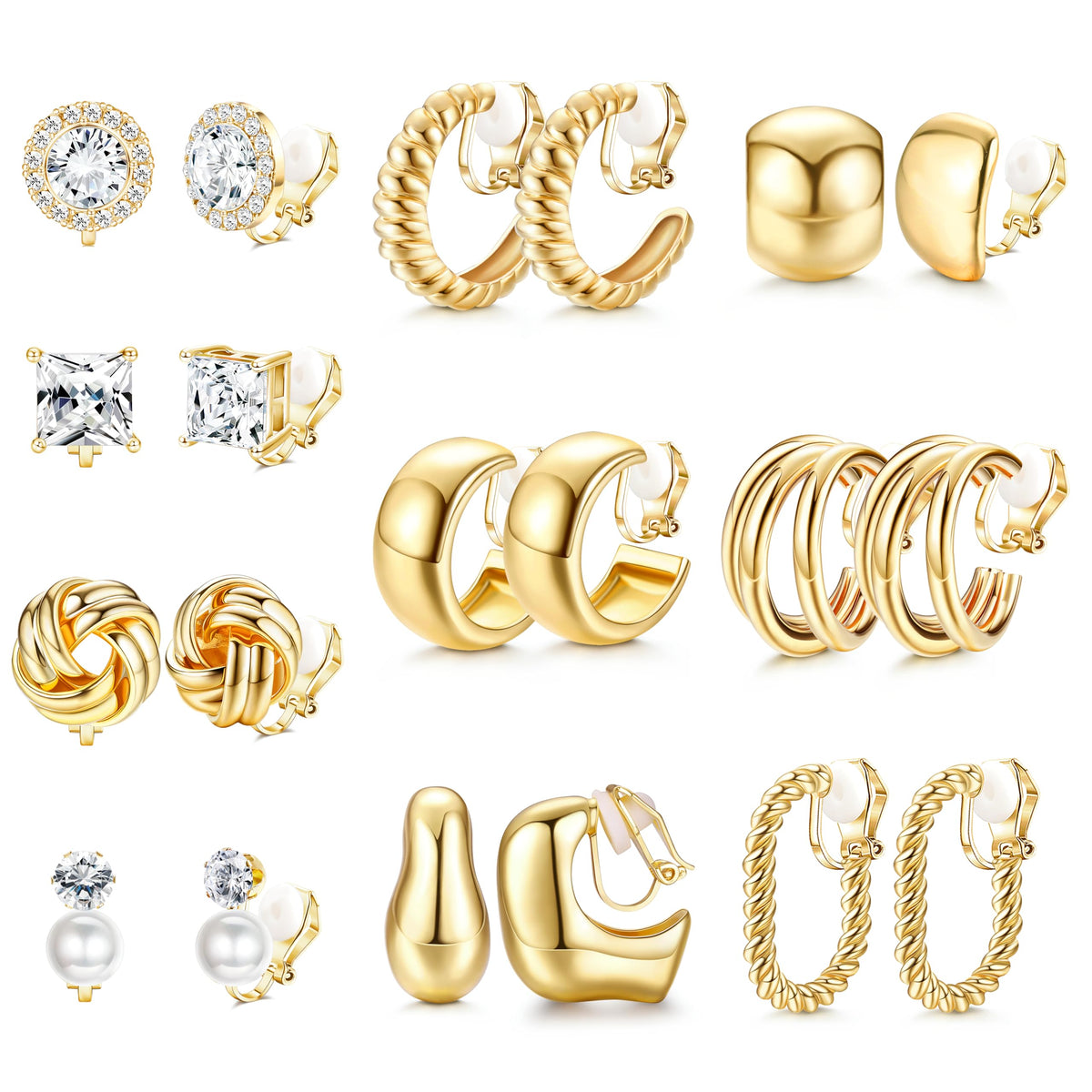 HASTHIP® 10 Pares de Aretes de Clip para Mujer Oro sin Perforación,Pendientes Clip On con Perlas y Circonita Cúbica,Aros Gruesos y Studs Elegantes Joyería Moda para Oídos Sensibles